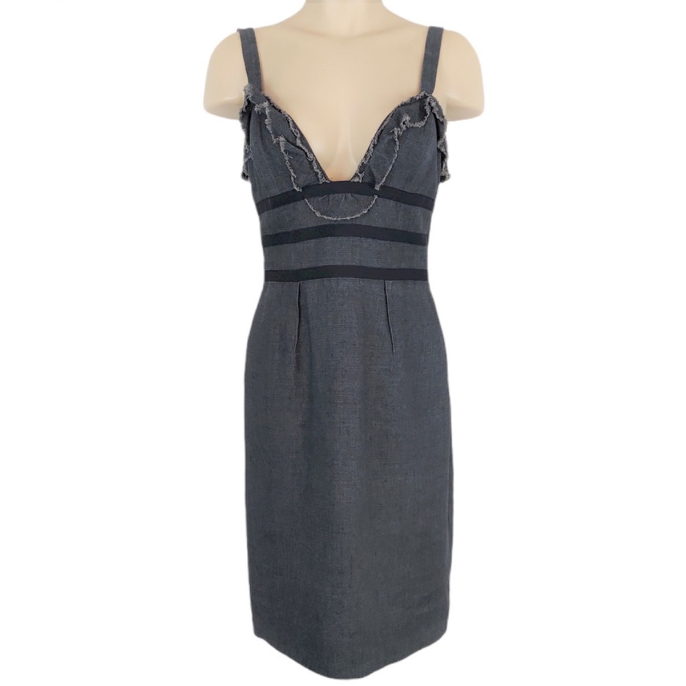 Oscar de la Renta Sundress Sz 8 Gray Runway Look Resort 2007 Ruffle Trim Pencil